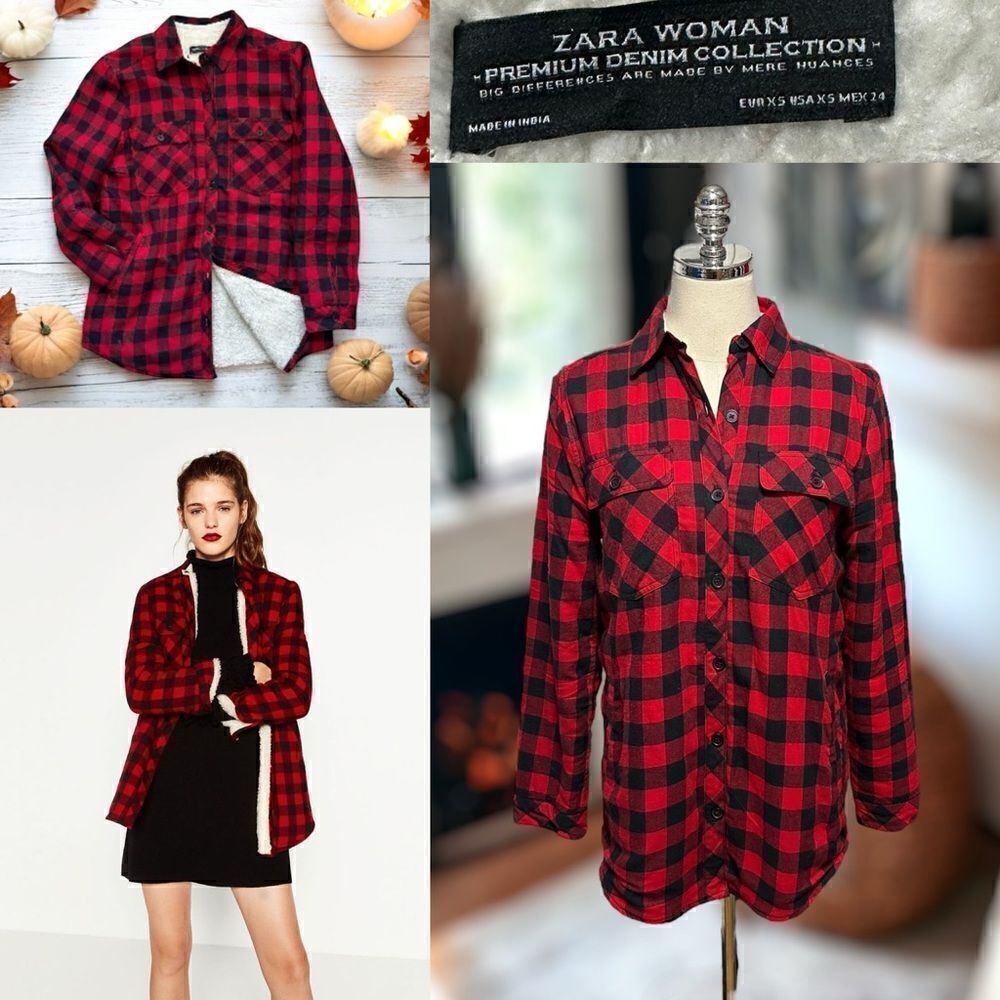 ZARA Women Fleece Lined Flannel Buffalo Red Plaid Jacket Shirt Coat Size XS